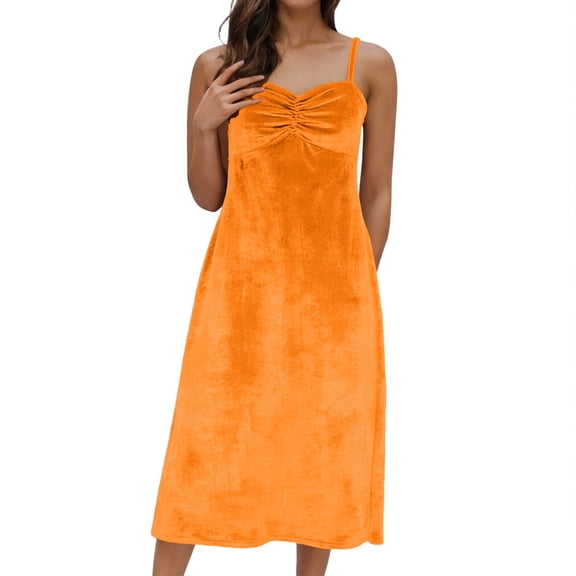 Hduncf Womens Fashionable Solid Color Elegant Velvet Spaghetti Strap Dress Women's Holiday Party Formal Dress Women Dress Orange XL