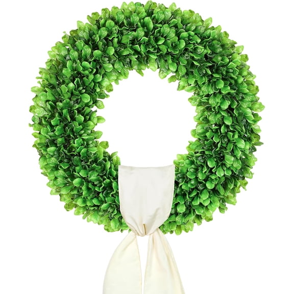 24 Inch Large Boxwood Wreath for Front Door, Round Artificial Spring Summer Greenery Wreath with Hello Sign & Sash, Green Wreaths for Farmhouse Wedding Year Round Indoor Outdoor Home Decor