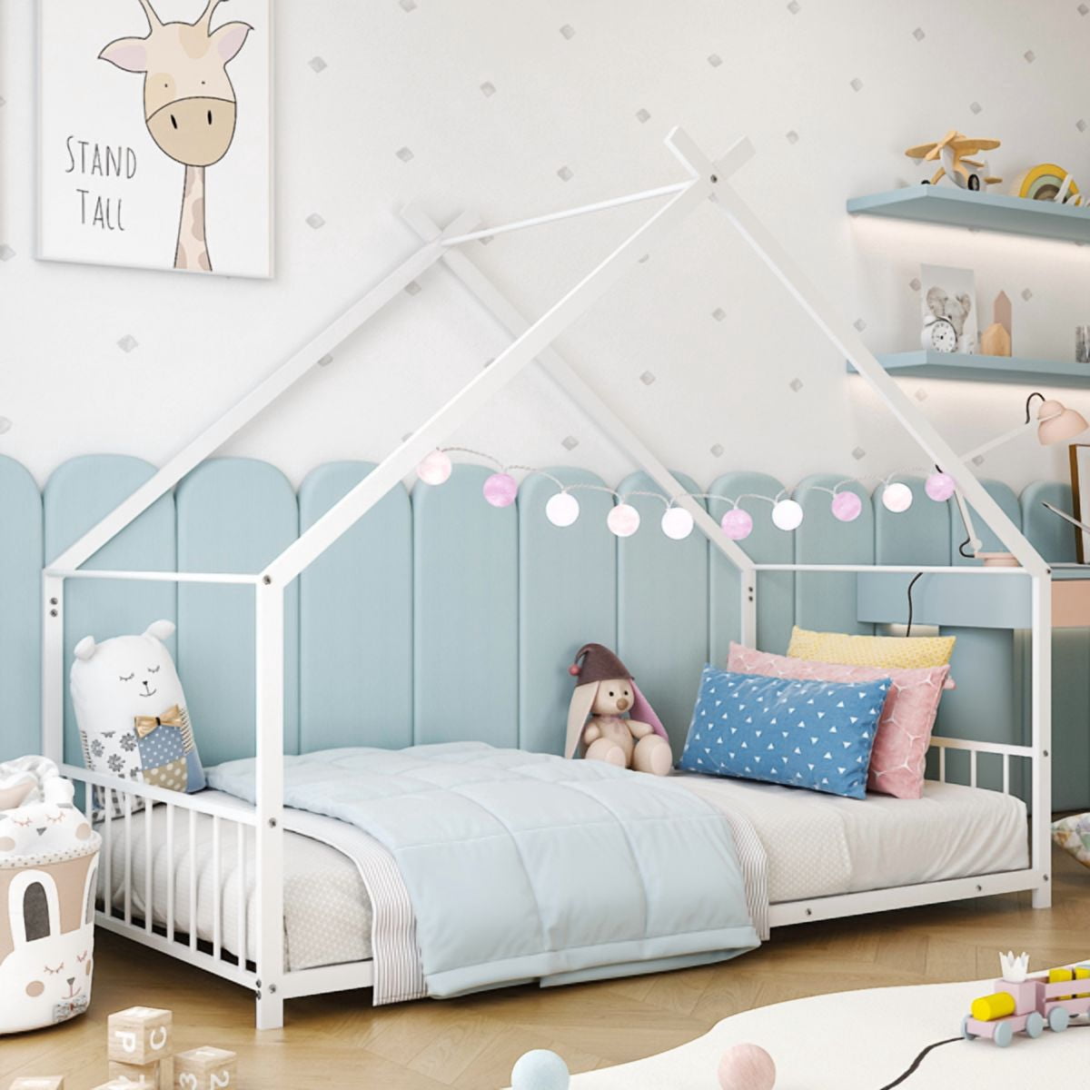 Alvantor Twin Metal House Bed for Kids and Toddlers with Side Guardrails, No Box Spring Needed, White