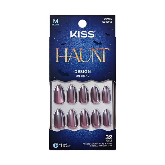 Kiss Core Halloween Press On Nails Almond, ‘Fangtastic’, Purple, Medium, 32 Count