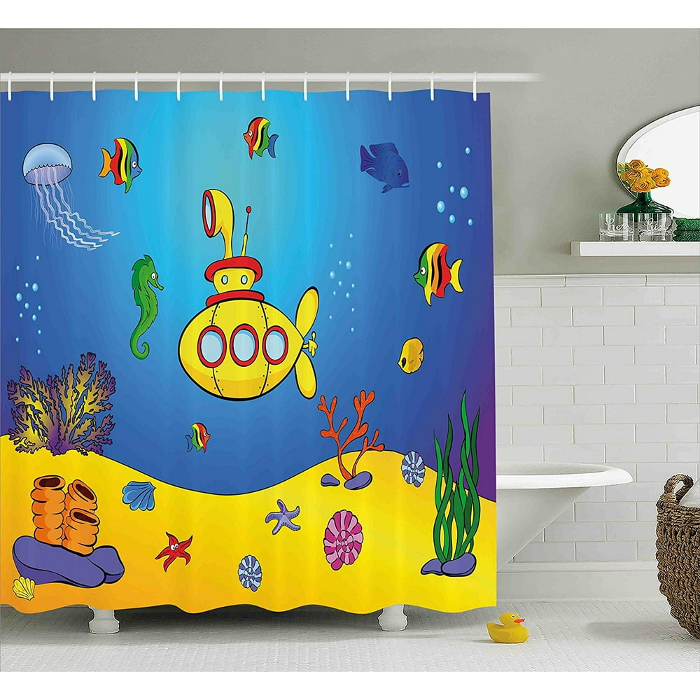 Yellow Submarine Shower Curtain Set by , Nautical Kids Colorful Fish