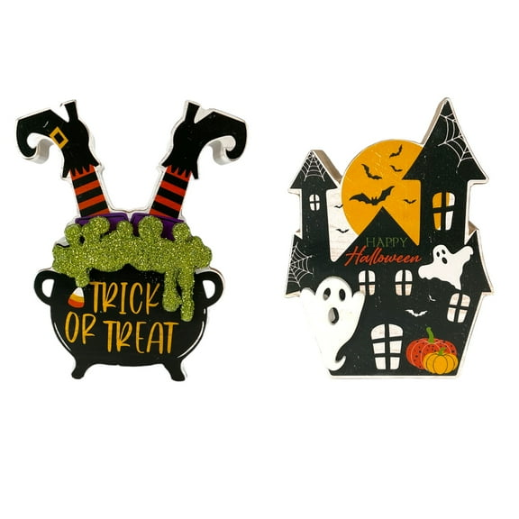 Trick or Treat Witch Cauldron Happy Halloween Haunted House Wood Block Decorations 2 Piece Set 4.75 Inch