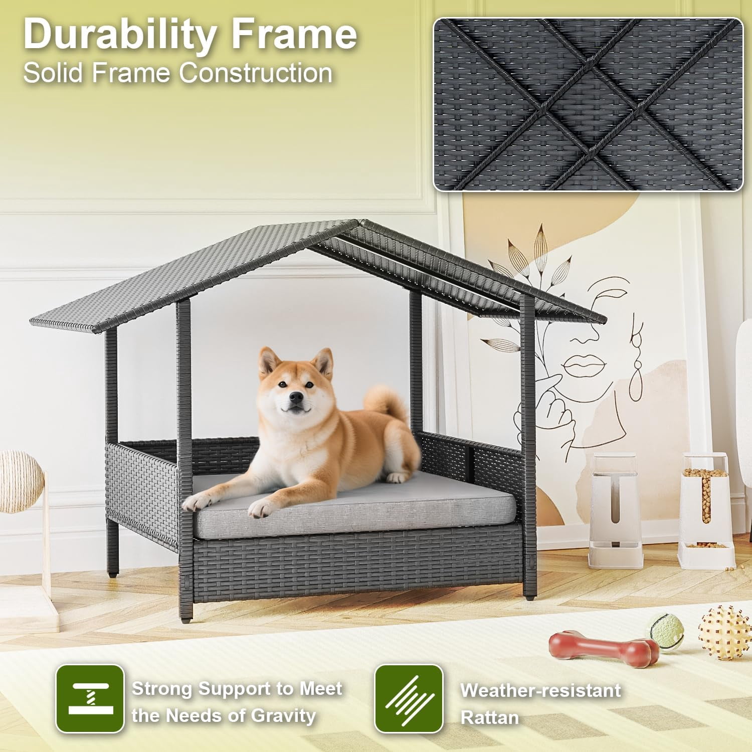 Wicker Dog House Outdoor Indoor with Canopy and Removable Cushion, Elevated Rattan Dog Bed Shelter for Small/Medium Dogs, Weather Proof Cushion Cover Pet Cabana for Patio, Deck, Pool, Yard,Black