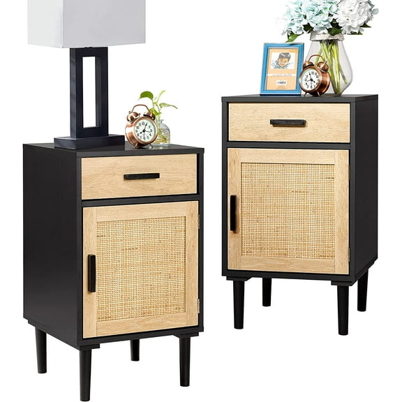 Finnhomy Tall Nightstands Set of 2, Night Stand, Bedside Table Set of 2 with Drawer and Shelf, Hand Made Rattan Decorated Doors, Nightstands with Storage for Bedroom, Black, 2 Pack
