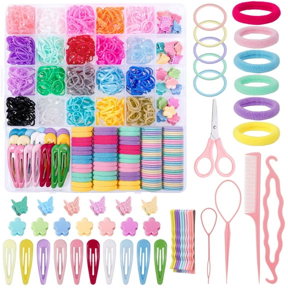 Bocaoying 1350 Elastic Hair Ties Set, Hair Accessories for Girl, Elastic Hair Rubber Bands Set 20 Colors with Organizer Box Cotton Baby Hair Ties, Hair Tail Tools, Rat Tail Comb, Butterfly Hair Clips