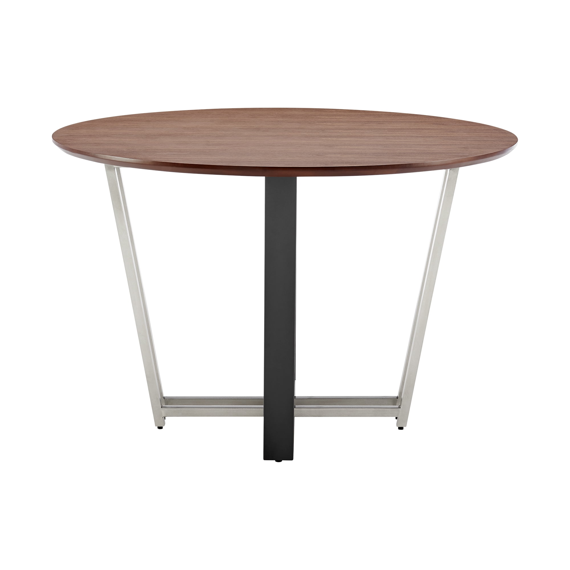 Joana 48" Round Dining Table in Brushed Stainless Steel and Black Iron Base with Walnut Tabletop