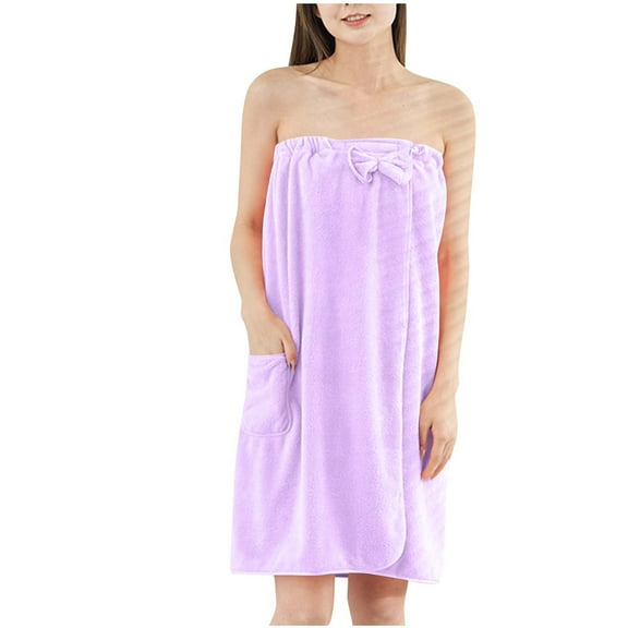 Htigea Towel Wrap for Women Flannel Shower Spa Robe with Hair Cap Comfy Adjustable Snap Closure Bathrobe with Pocket Purple,Free Size