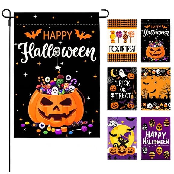 LANDLIT 6 PCS Halloween Pumpkin Garden Flag - Scary Ghost Bat Witch Design 12x18 Double Sided Holiday Burlap Yard Flag, Outside Decoration Halloween Welcome Seasonal Yard Outdoor Burlap Flag