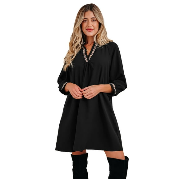Women's Black V-Neck Shift Mini Dress with Bracelet Sleeves for Daily Wear [ZhiHiMeRi] | XL