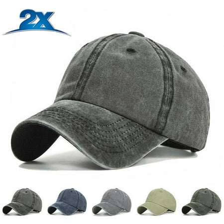 2X Ponytail Hats - 2 Pack of Messy High Bun Dad Hat PonyCap Adjustable Solid Cotton Distressed Washed Denim Look Baseball