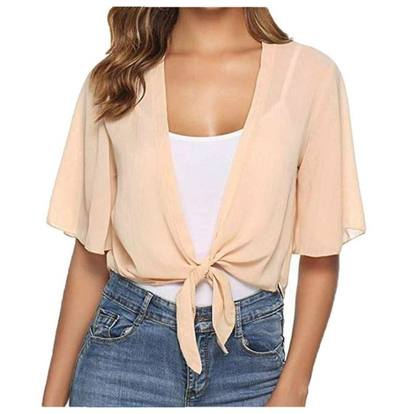 Womens Half Sleeve Shrug Tie Front Cropped Open Front Chiffon Cardigan Lightweight Basic Solid Crop Top for Women