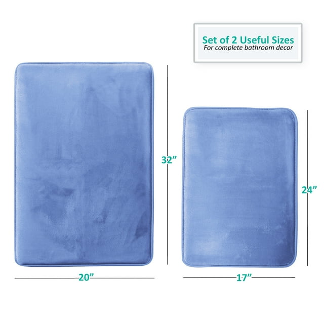 Set of 2 Clara Clark Bath Mat Bathroom Rug - Absorbent Memory Foam Bath Rugs - Non-Slip, Cozy Microfiber Bathrug, Plush Shower, Toilet Bathmats - Calm Blue - Large Size 20"x32" Small Size 17”x24”