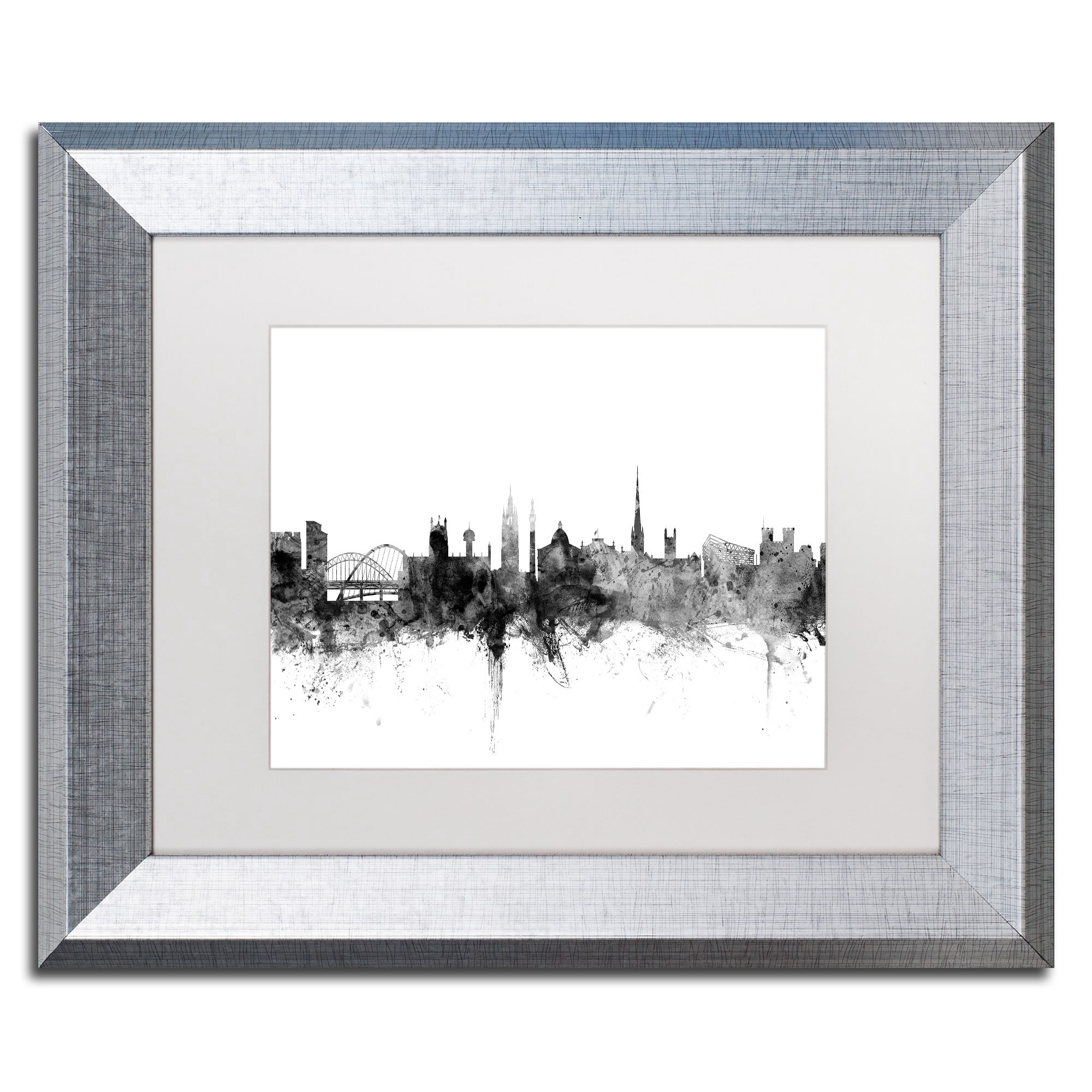 Trademark Fine Art "Newcastle England Skyline B&W" Canvas Art by Michael Tompsett, White Matte, Silver Frame