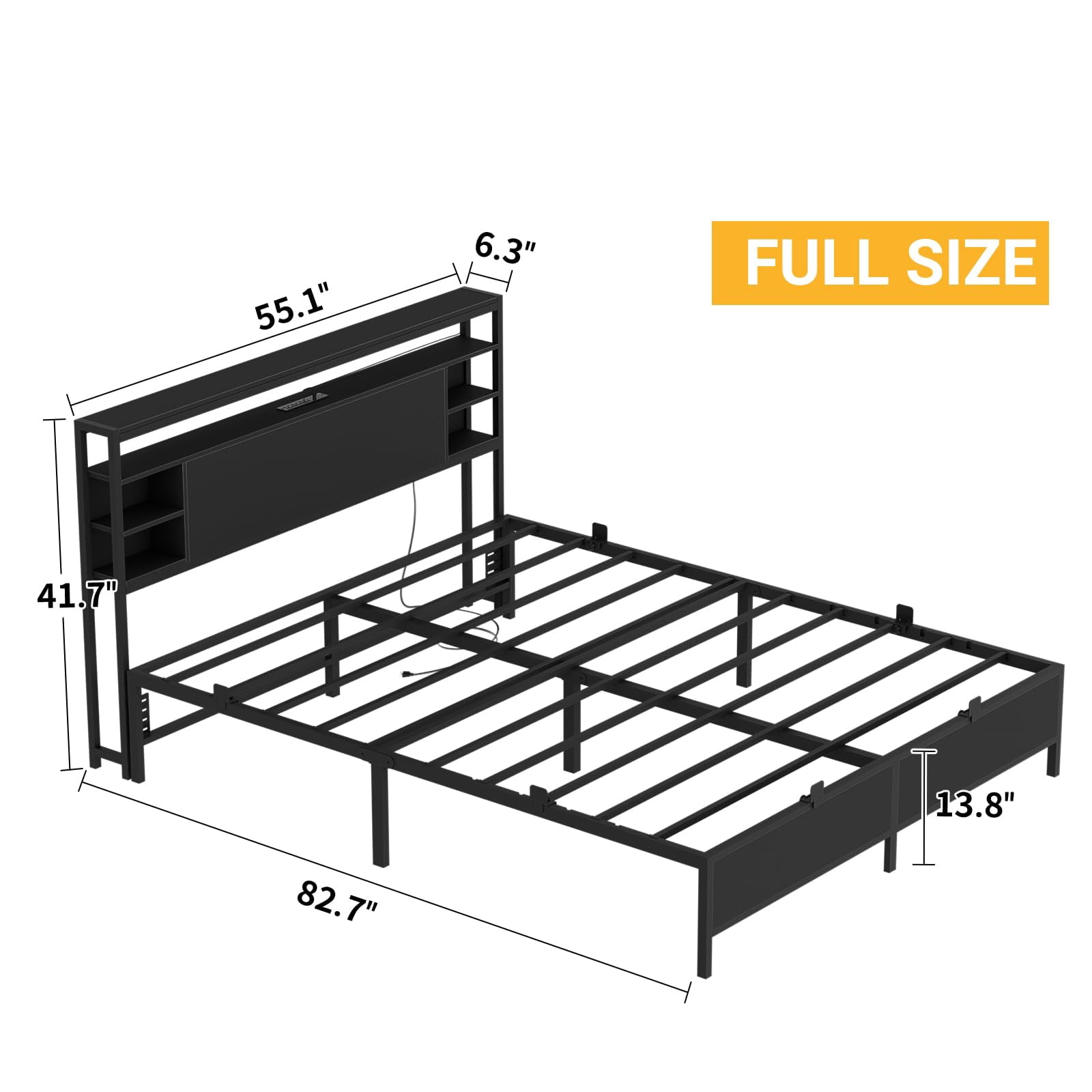Aheaplus Full Size Bed Frame with Charging Station and RGB LED Lights, Sturdy Platform Bed with Storage Headboard, Solid Metal Slats, Noise Free, No Box Spring Needed, Easy Assembly,Black
