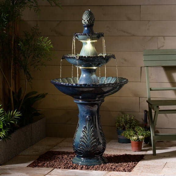 3-Tier Black Ceramic Fountain, Decorative Water Fountain with LED Lights and Quiet Pump, Indoor Outdoor Water Feature for Patio, Garden, Deck, Balcony, Office and Home Décor