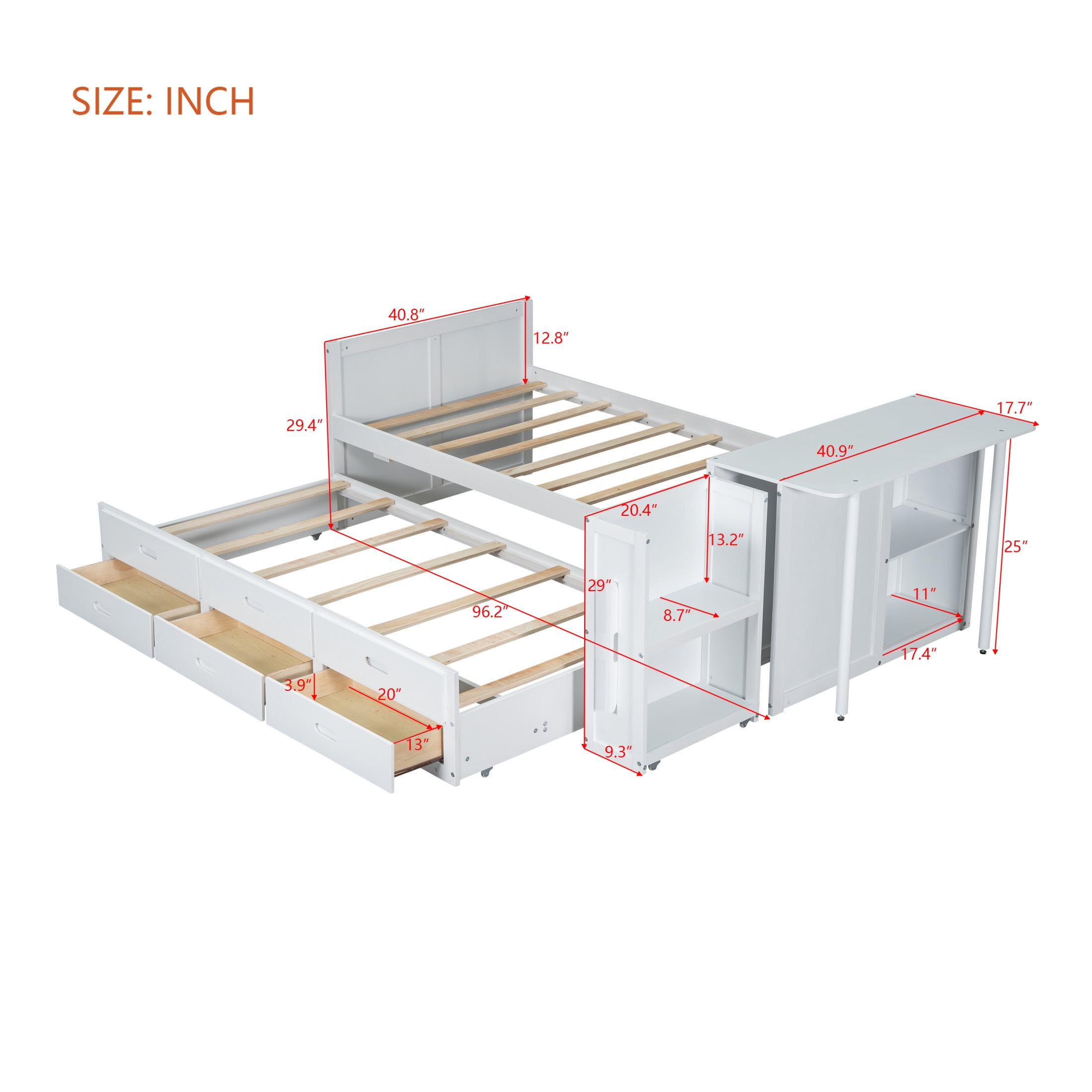 Noble House Twin Size Multifunctional Platform Bed with Trundle, 3 Drawers, Desk and Storage Shelf, White