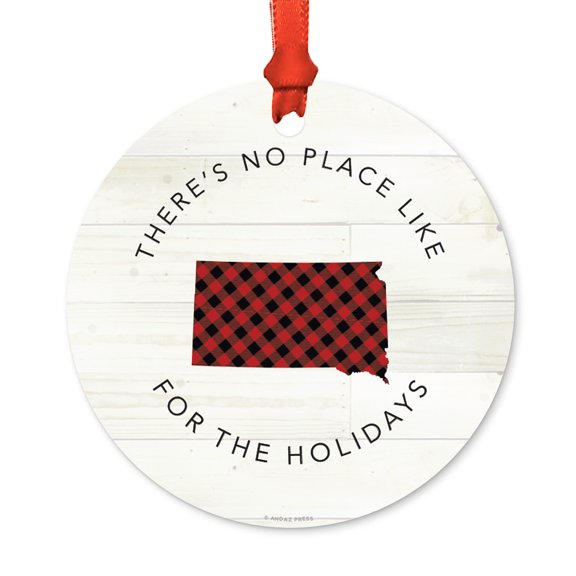 US State Round Metal Christmas Ornament, Red Plaid on Light Rustic Wood, South Dakota, Includes Ribbon and Gift Bag