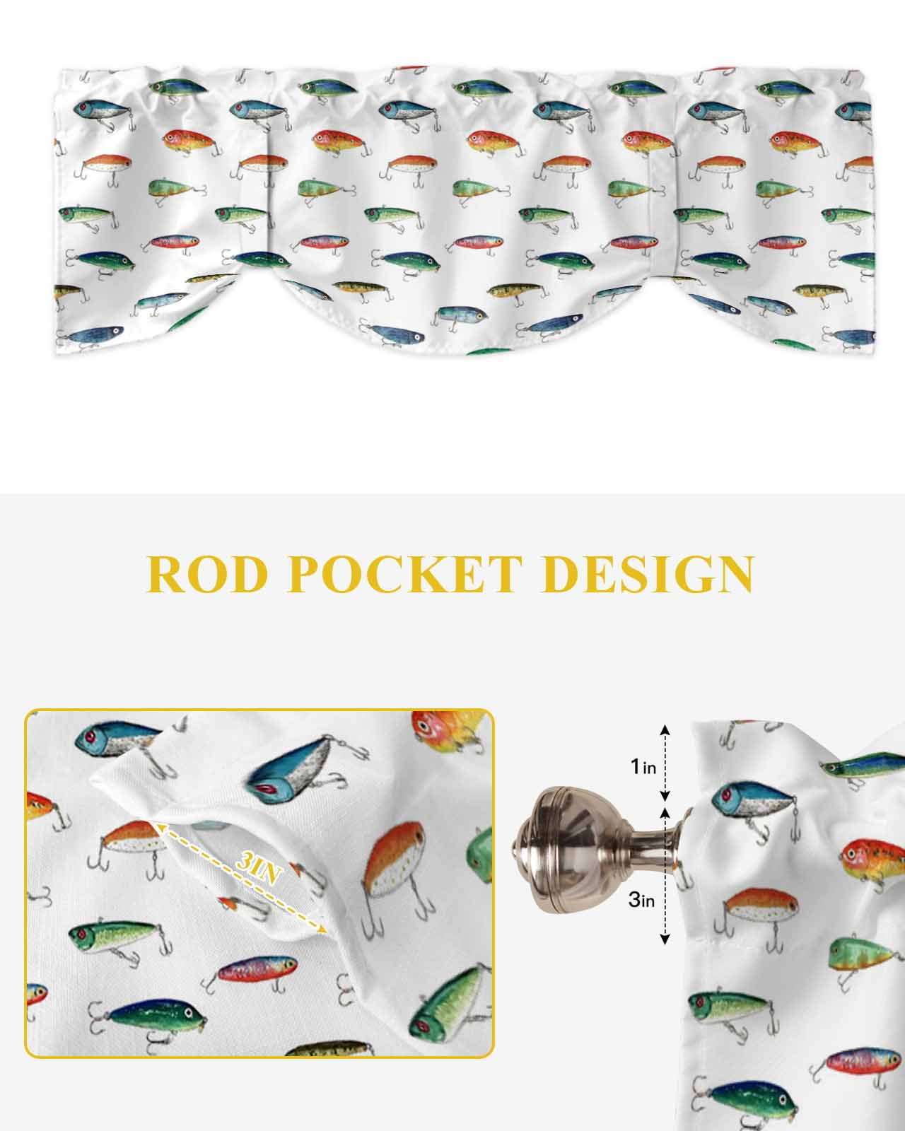 Fish Tie Up Valances Curtain, Adjustable Kitchen Colorful Hook Bait Leisure Fishing Watercolor Valances for Windows Decor, Rod Pocket Short Curtains Set for Bedroom/Bathroom, 60"x18"
