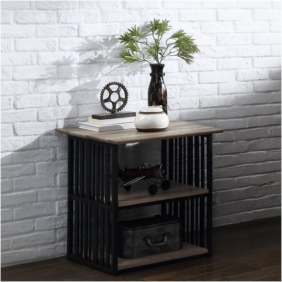 JERFIT Industrial Nightstand with Open Shelves, Rustic Bedside Table with Metal Frame and Wood Top, Black and Oak Finish Bedroom Furniture