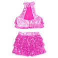 thumbnail image 4 of TSSOE Kids Girls Sleeveless Sequins Tiered Crop Top with Skirt Latin Jazz Modern Rumba Salsa Samba Hot Pink 12, 4 of 7