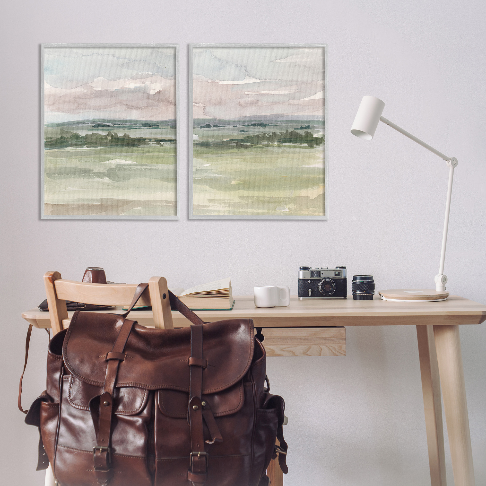 Stupell Industries Rural Landscape Watercolors Landscape Painting Gray Framed Art Print Wall Art, 24 x 30, Set of 2