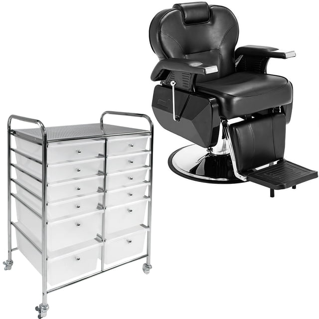 Kit Sillon Barberia Reclinable Negro Organizador 12 Cajones Multiusos Nanofort