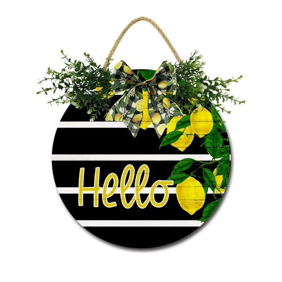 Hello Lemon Door Sign Home Decor Round Wood Wreaths Wall Hanging Sign Farmhouse Porch Sign Front Door Decoration for Housewarming Gift All Seasons Holiday,12In