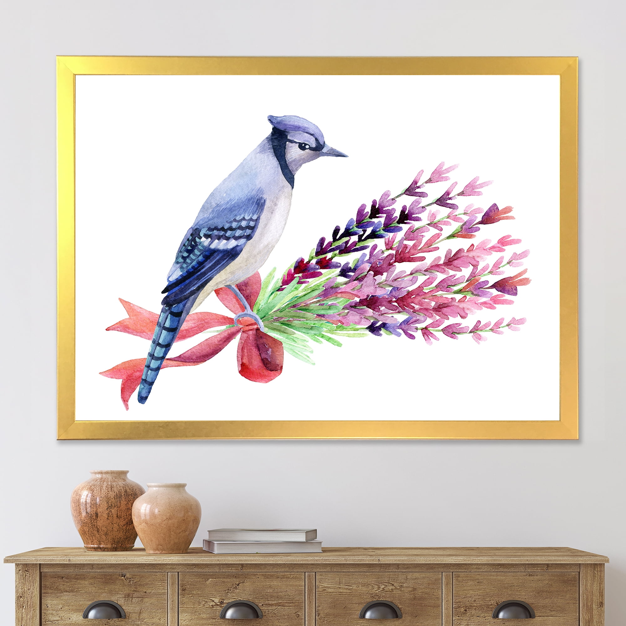 Designart 'Blue Jay Bird On Bouquet Of Pink Flowers' Traditional Framed Art Print