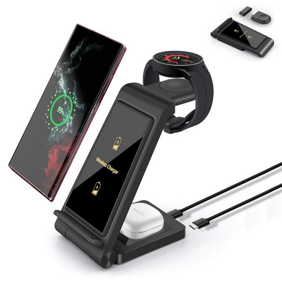 FDGAO 3 in 1 Wireless Charger, 15W Wireless Charging Stand Station Foldable Fast for Samsung Galaxy /Note, Galaxy Watch5/4/3,Active 2/1, Galaxy Buds (Black- for Samsung)