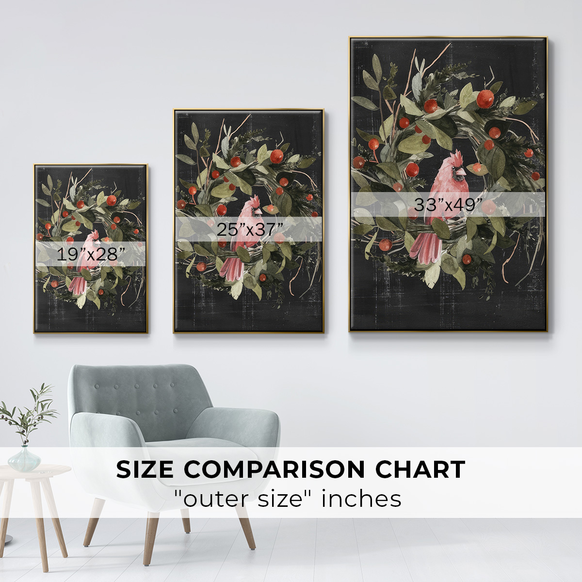 Christmas Cardinal II - Framed Gallery Wrapped Holiday Canvas - 27 x 41 - Gold Frame