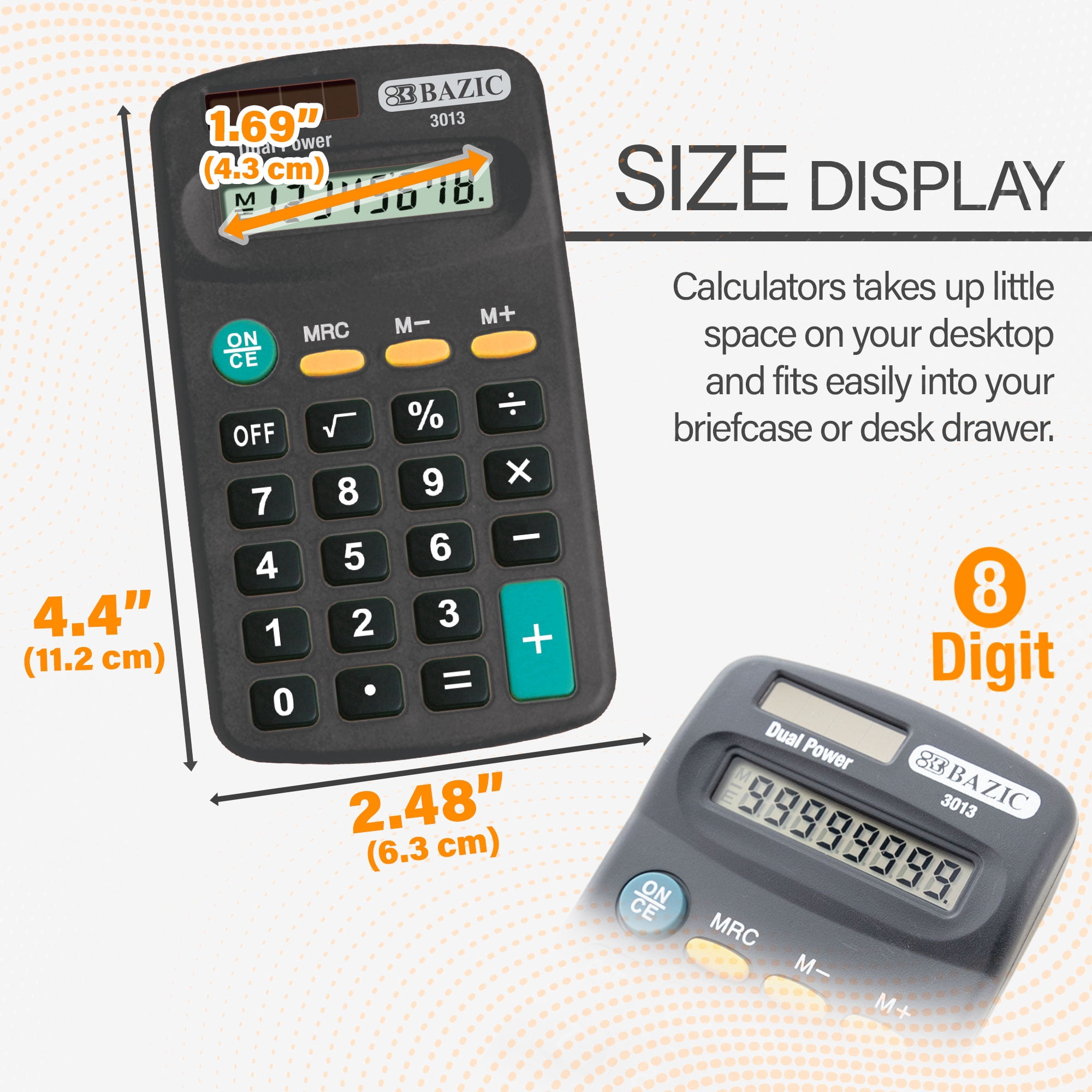 BAZIC 8-Digit Dual Power Calculator Pocket Size, Solar Powered & Battery, Black Color, 288-Packs