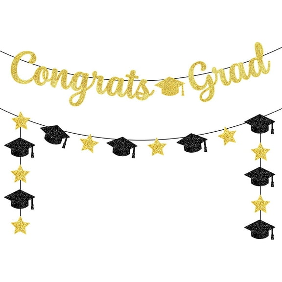 KatchOn, Glitter Black and Gold Congrats Grad Banner - 10 Feet, No DIY | Large Graduation Garland,  Graduation Party Banner for Graduation Decorations 2025