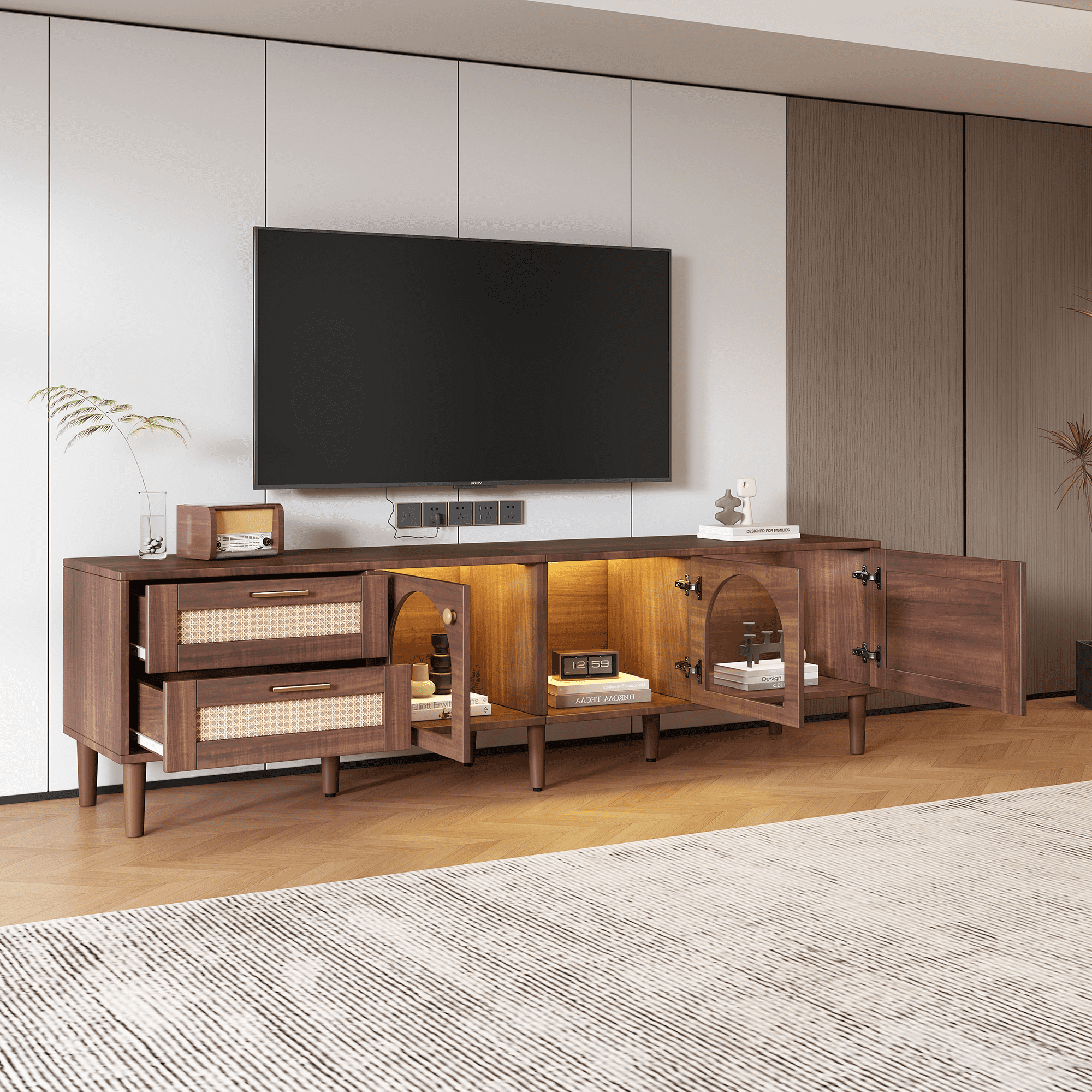 Harper & Bright Designs Rattan TV Stand with LED Light for 80 inch TV, Wood TV Storage Cabinet with Glass Doors and 2 Drawer, Media Console with Solid Wood Legs for Living Room, Dark Brown