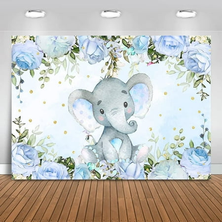 Image of Elephant Boy Baby Shower Backdrop Blue Floral Elephant Baby Shower Party Decorations Blue Elephant Baby Shower Party Banner Photography Background (7x5ft)