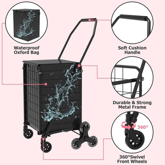 Foldable Shopping Cart with 360° Rolling Wheels and 120 lb Capacity, Utility Cart and Grocery Carrier for Upstairs Transport, Black