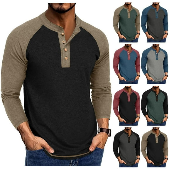 hlysgo Mens Cotton Henley Shirts Soft Color Block Long Sleeve Raglan Shirt Classic Fall Winter Pullover Tops Cotton Big and Tall Basic Tees Khaki XXXL