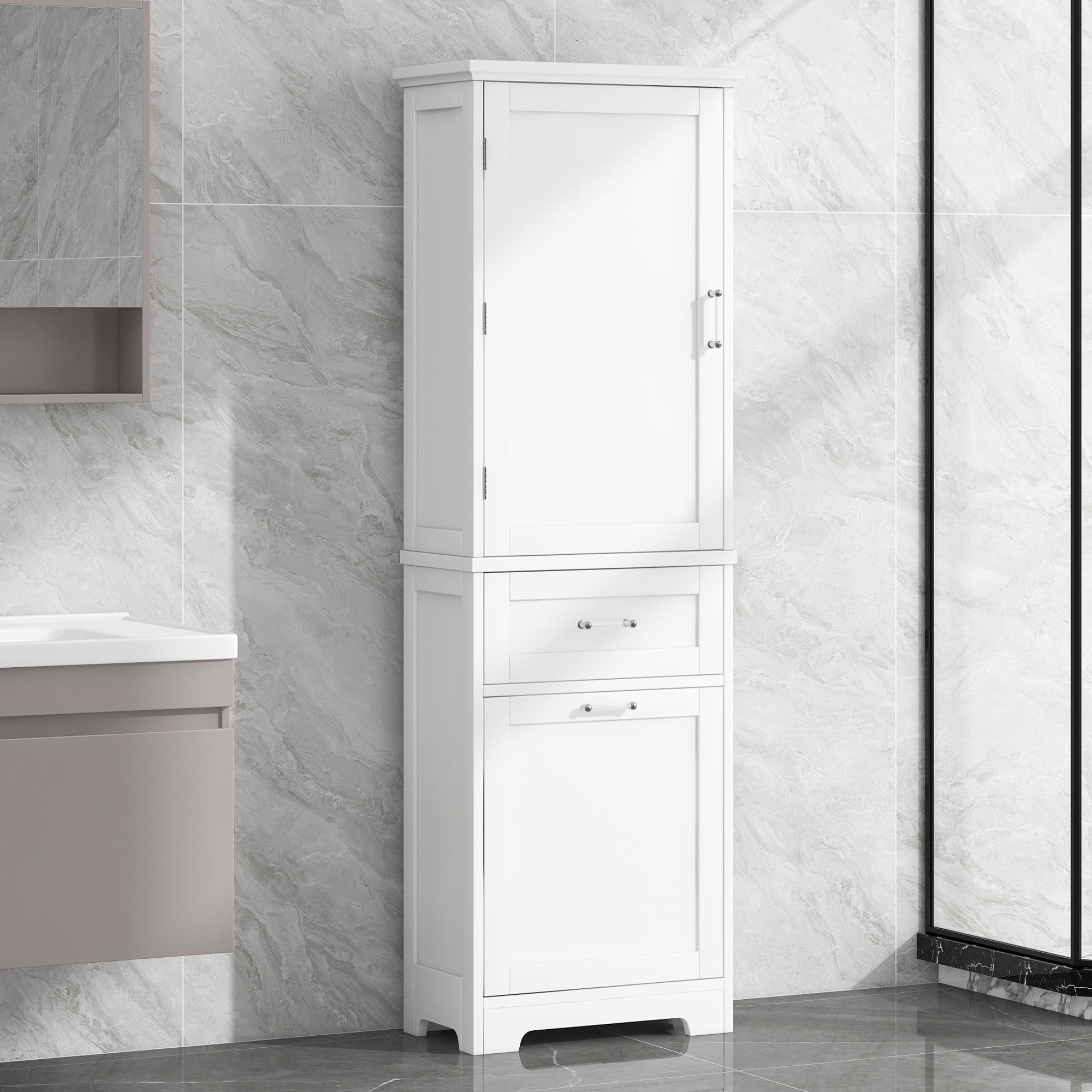 Tall Bathroom Storage Cabinet with Two Drawers and Adjustable Shelf, White