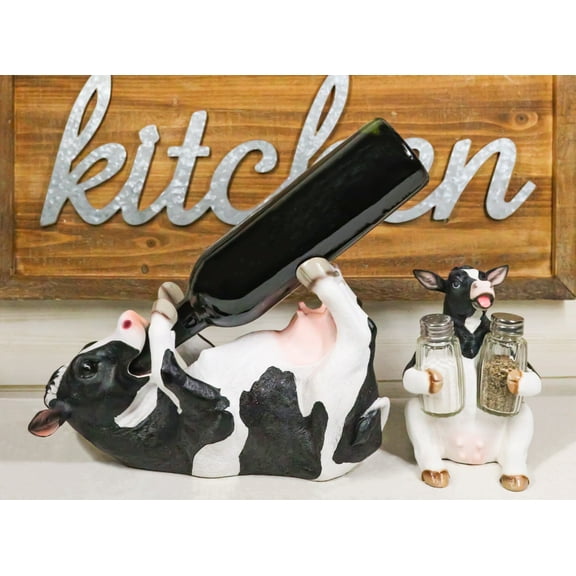 KITCHEN BAR MOO MOO BOVINE COW SALT PEPPER SHAKERS AND WINE OIL BOTTLE HOLDER SCULPTURE