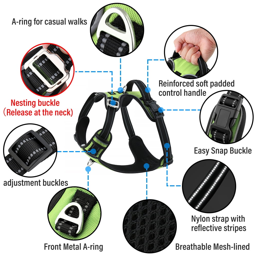 Plutus Pet No Pull Dog Harness, Release at Neck, Adjustable Reflective Dog Vest Harness, L, Green