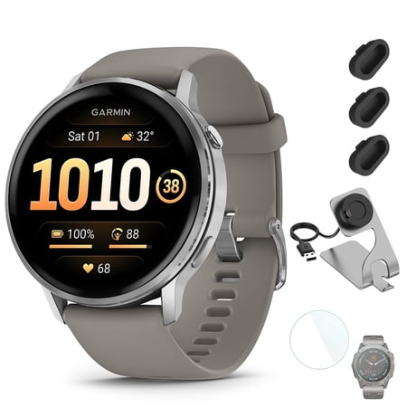 Garmin Venu 4 45mm GPS Smartwatch Silver w/ Gray Bundle +Dock Dust Covers Screen Guards