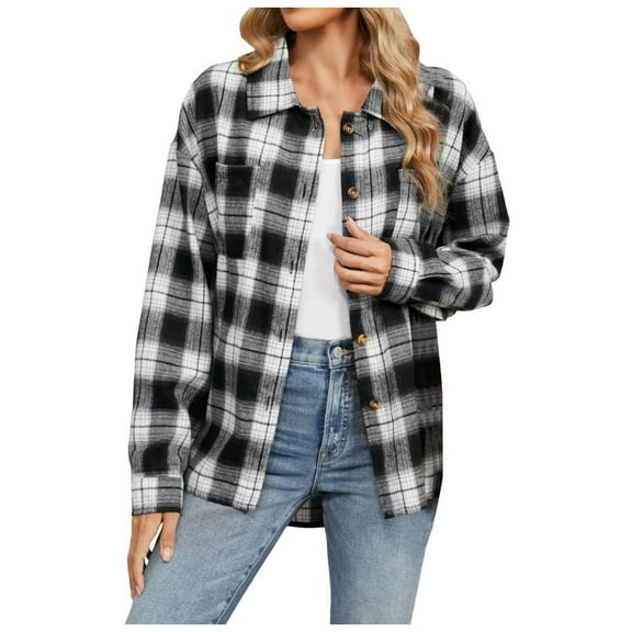Flannel Jacket Women Shacket Long Sleeve Button Down Plus Size Womens Clothing,Black,L