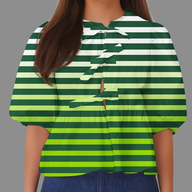 Fiudx Camisas para Mujer Top de Camiseta con Cuello Redondo y Manga Farol Plisada con Lazo para Mujer