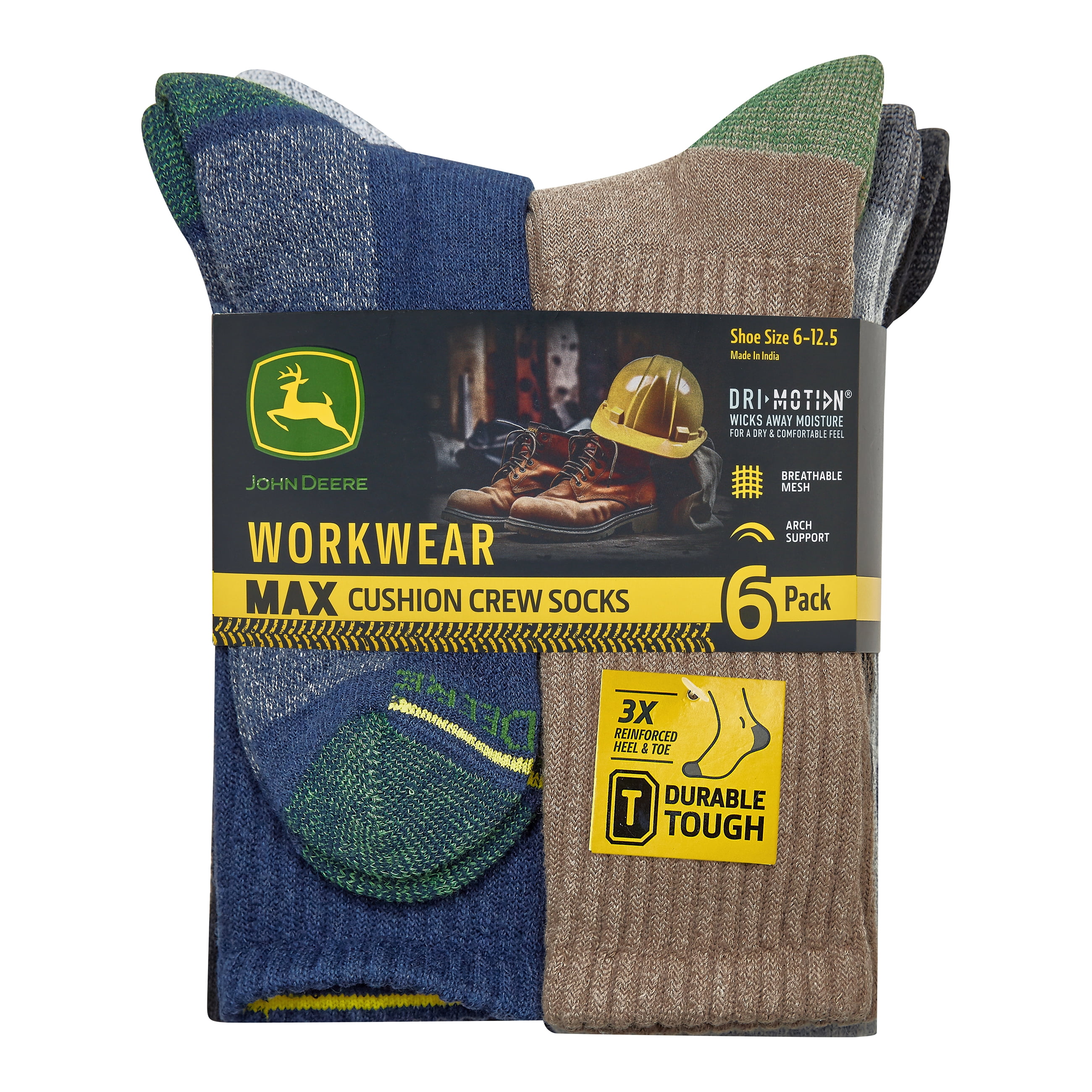 John Deere Men's Socks, Workwear Max Cushion Crew Socks, 6-Pack