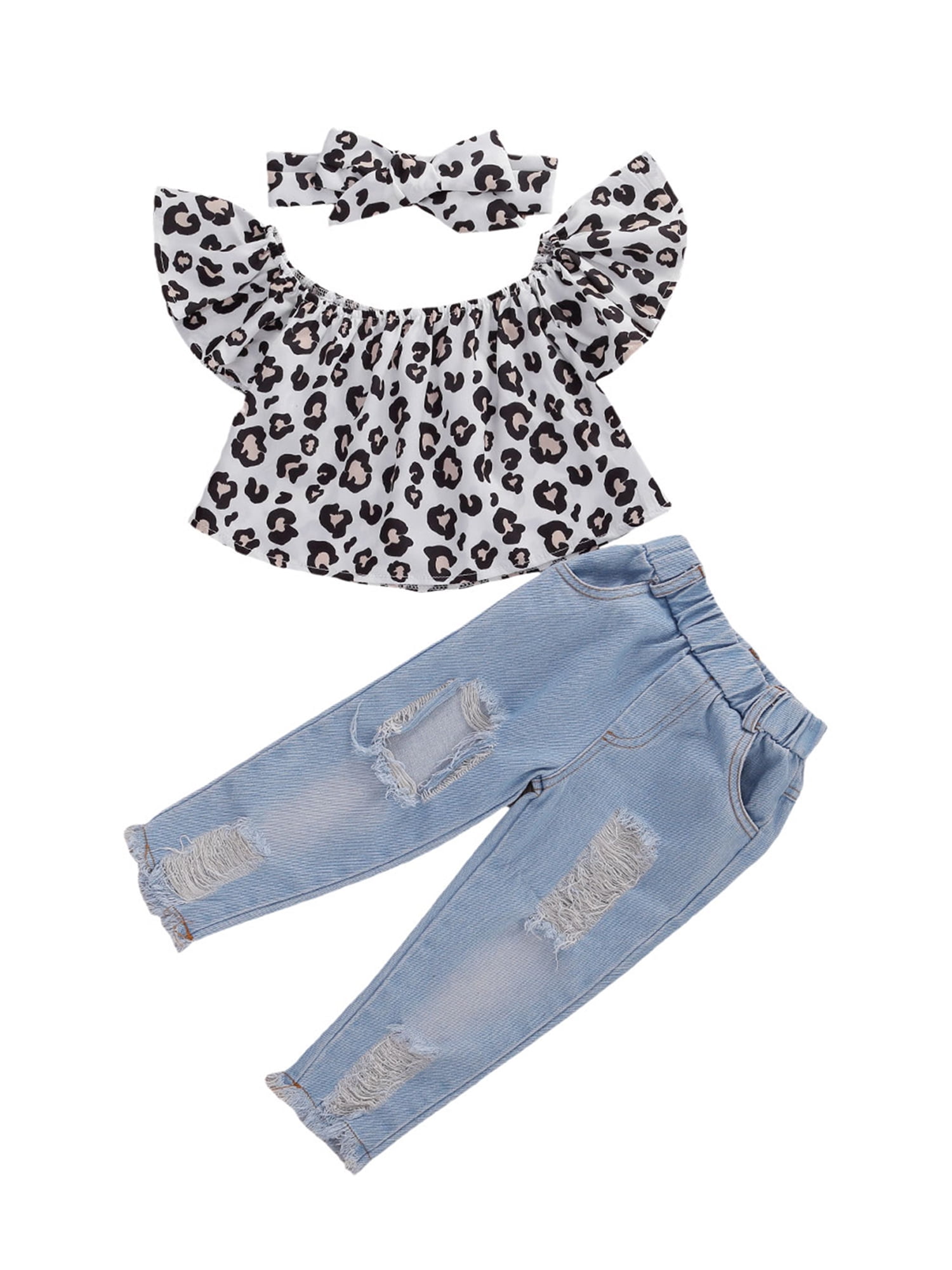 Pudcoco Baby Girl Ruffle Top Ripped Denim Pants Leopard Headband Sets
