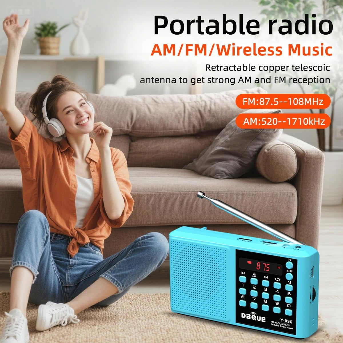 Portable AM FM Radio with Bluetooth Speaker, USB/TF Playback MP3 Player with USB-C Fast Charging, Auto Scan Save, Rechargeable Battery for Home Outdoor Use BT 5.0 Radio (Blue)