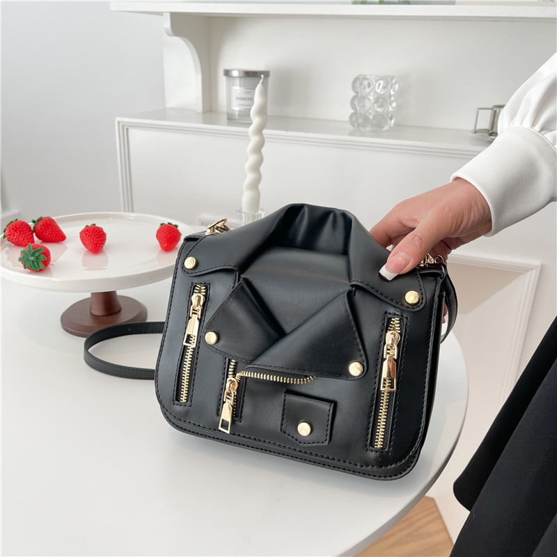 Baguery Punk Motorcycle Jacket Crossbody Bag - PU Leather Rivet Chain Shoulder Handbag for Women & Girls (8.25×6.28in)
