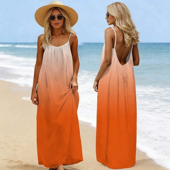 Uootdi Casual Dresses for Women Ombre Print Spaghetti Strap Backless Tie Back Maxi Dress Summer Vacation Style Gift