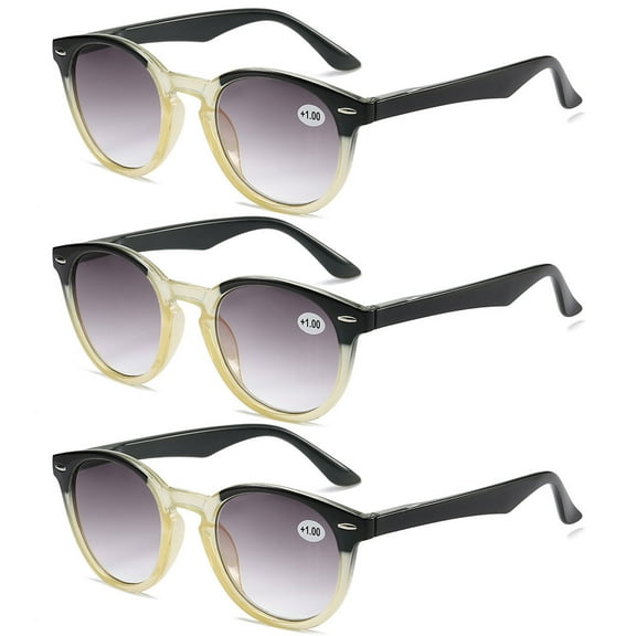 3 Pairs of Clear Yellow Frame Round Gradient Gray Reading Glasses 2.50 for Men and Women, Classic Spring Hinge Presbyopia Sunglasses PC Two-tone Readers  2.50