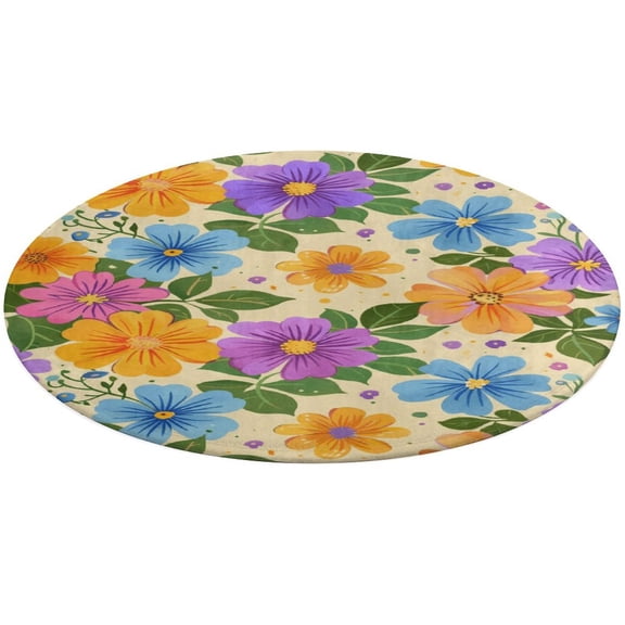 Floral Colorful Flower Soft Bedroom Round Area Rug, Washable Cute Nursery Circle Throw Mat, Non-Slip Contemporary Small Low Pile Floor Carpet for Dorm Bedside