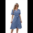 thumbnail image 1 of Vestido Cruzado para Mujer, Cuello en V, Corta, Lazo en la Cintura, Volantes, Abertura, Vestido Informal Midi, Gris Azul, XL, 1 of 9